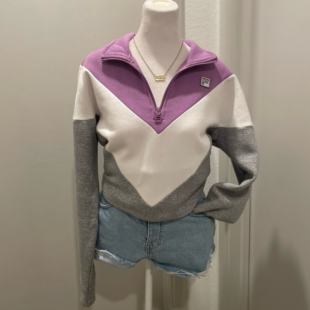 VTG 90s 80s FILA Retro Colorblock Quarter-Zip Purple Gray White Collared Sweater